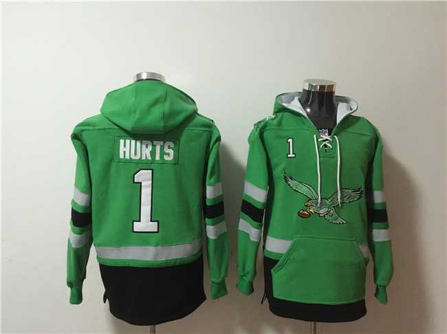 Mens Philadelphia Eagles #1 Jalen Hurts Green Ageless Must-Have Lace-Up Pullover Hoodie,We sell and wholesale Mens Philadelphia Eagles #1 Jalen Hurts Green Ageless Must-Have Lace-Up Pullover Hoodie on line form chian!